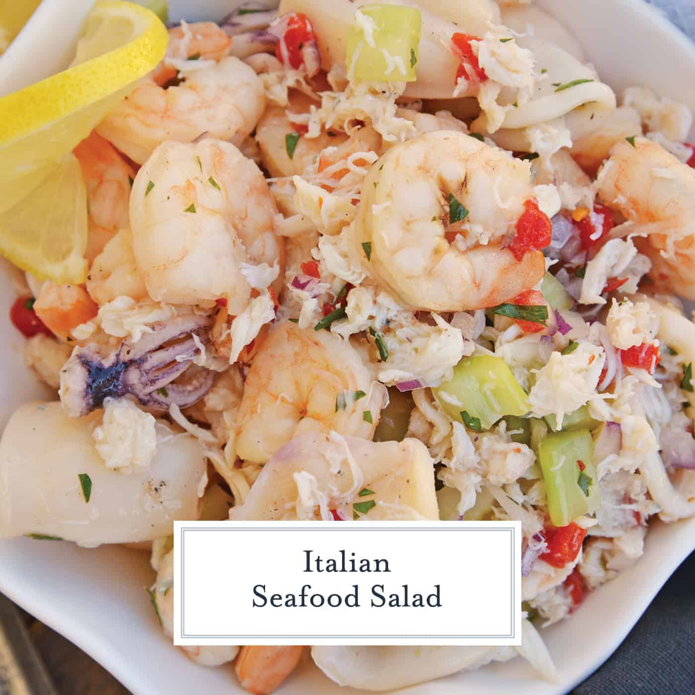 This Italian Seafood Salad, made with shrimp, calamari and lump crab meat, is one of the best and easiest seafood salad recipes you'll ever try.  #seafoodsalad #italianseafoodsalad www.savoryexperiments.com