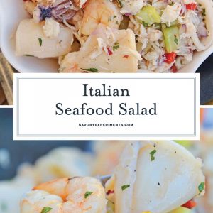 This Italian Seafood Salad, made with shrimp, calamari and lump crab meat, is one of the best and easiest seafood salad recipes you'll ever try. #seafoodsalad #italianseafoodsalad www.savoryexperiments.com