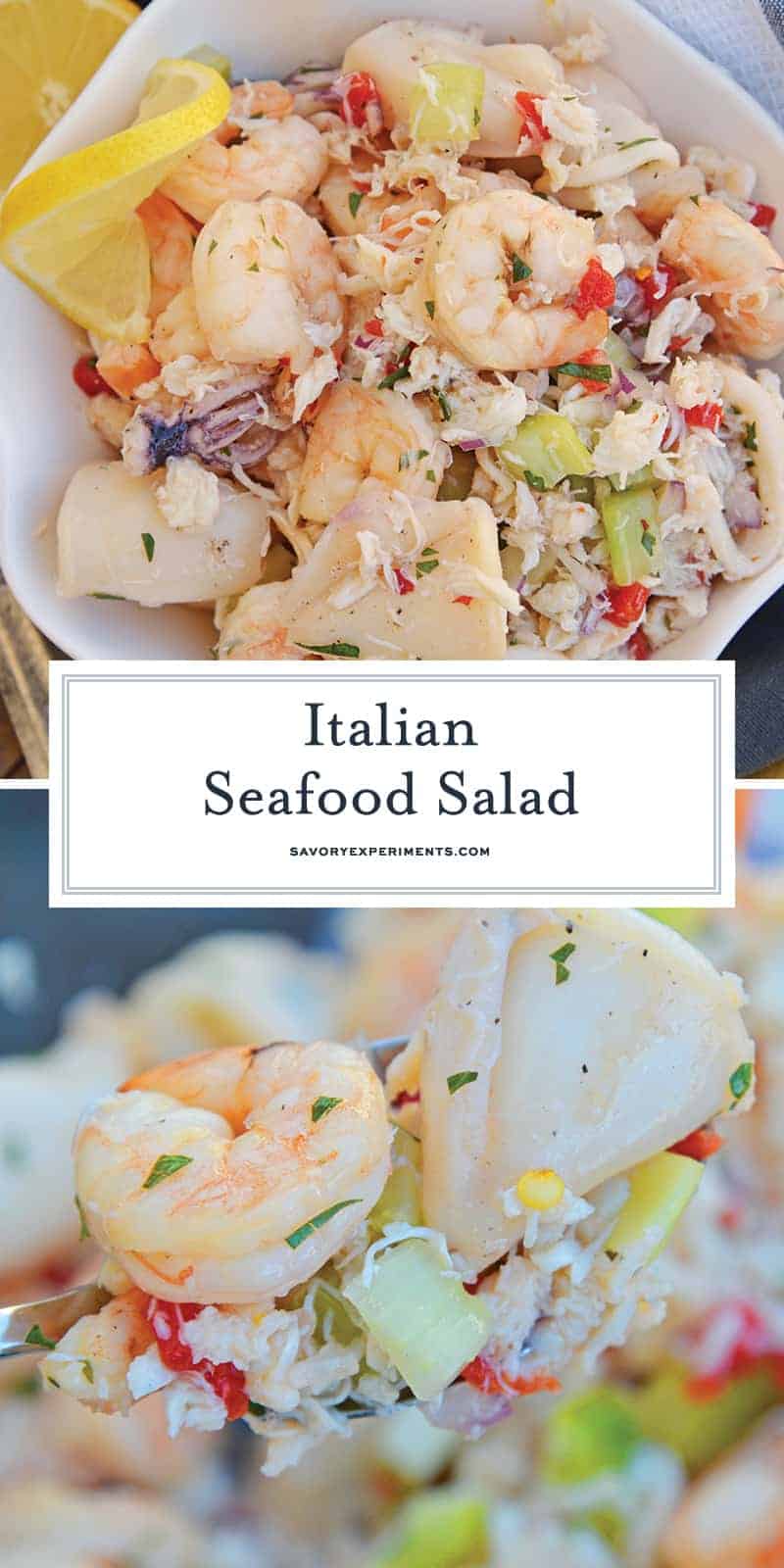 This Italian Seafood Salad, made with shrimp, calamari and lump crab meat, is one of the best and easiest seafood salad recipes you'll ever try.  #seafoodsalad #italianseafoodsalad www.savoryexperiments.com