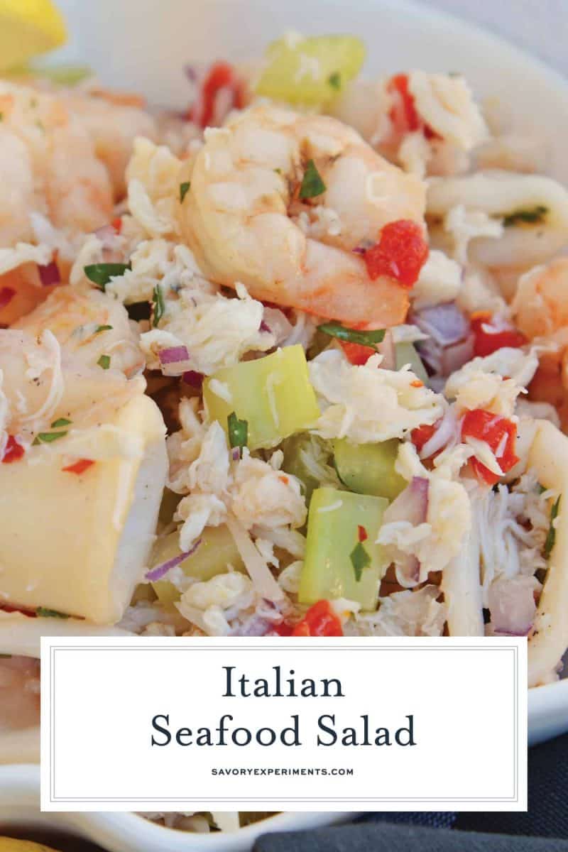 This Italian Seafood Salad, made with shrimp, calamari and lump crab meat, is one of the best and easiest seafood salad recipes you'll ever try. #seafoodsalad #italianseafoodsalad www.savoryexperiments.com