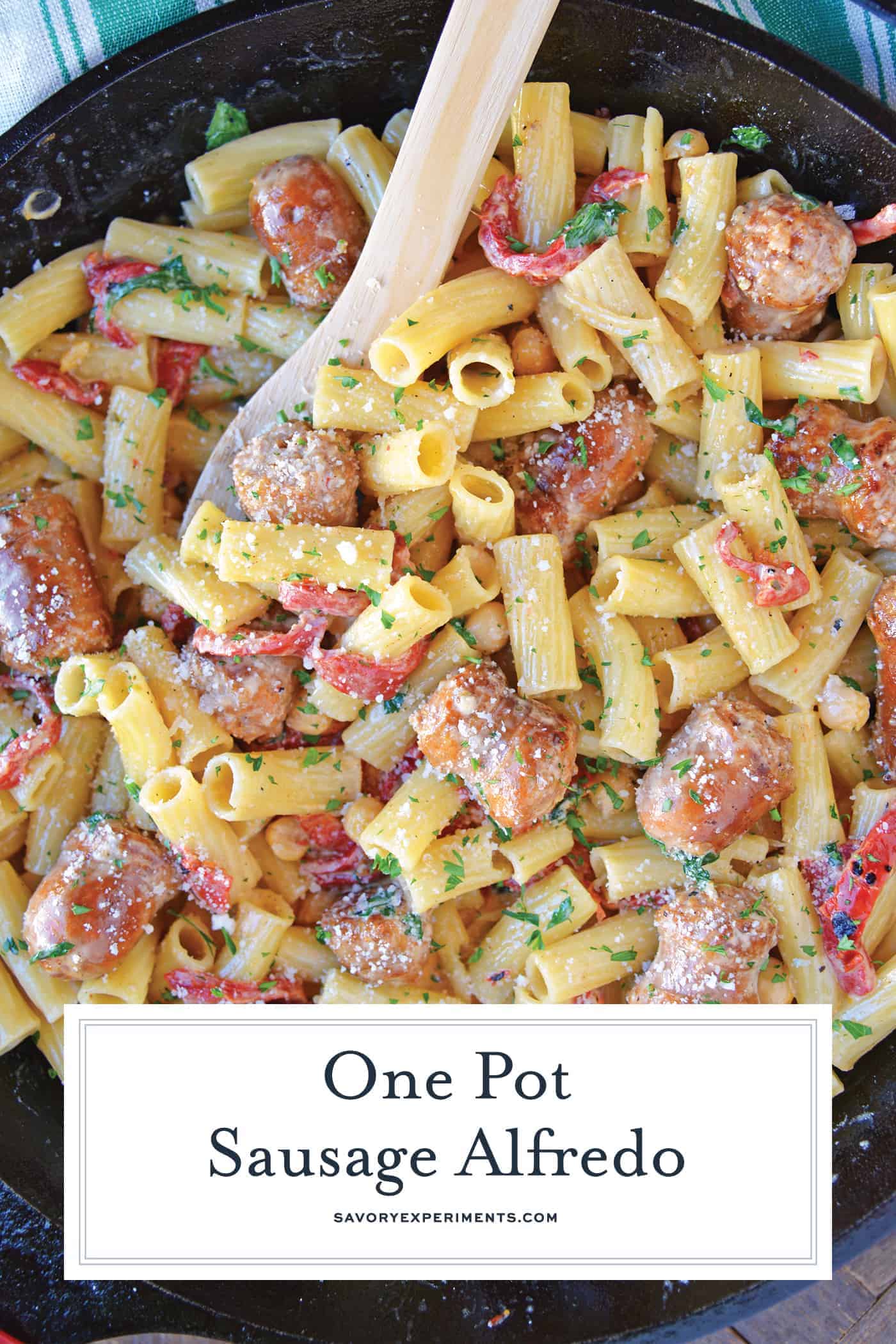 This delicious One-Pan Sausage Alfredo Pasta is an easy weeknight meal with instructions on how to make homemade alfredo sauce. So simple and good! #alfredosauce #alfredopasta www.savoryexperiments.com