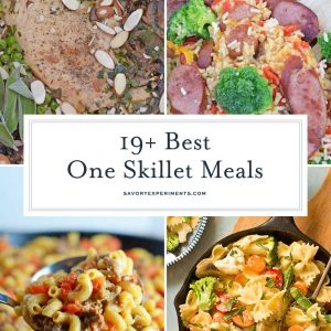 collage of one skillet meals