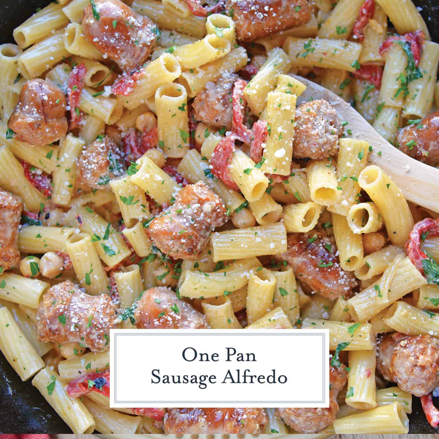 This delicious One-Pan Sausage Alfredo Pasta is an easy weeknight meal with instructions on how to make homemade alfredo sauce. So simple and good! #alfredosauce #alfredopasta www.savoryexperiments.com 