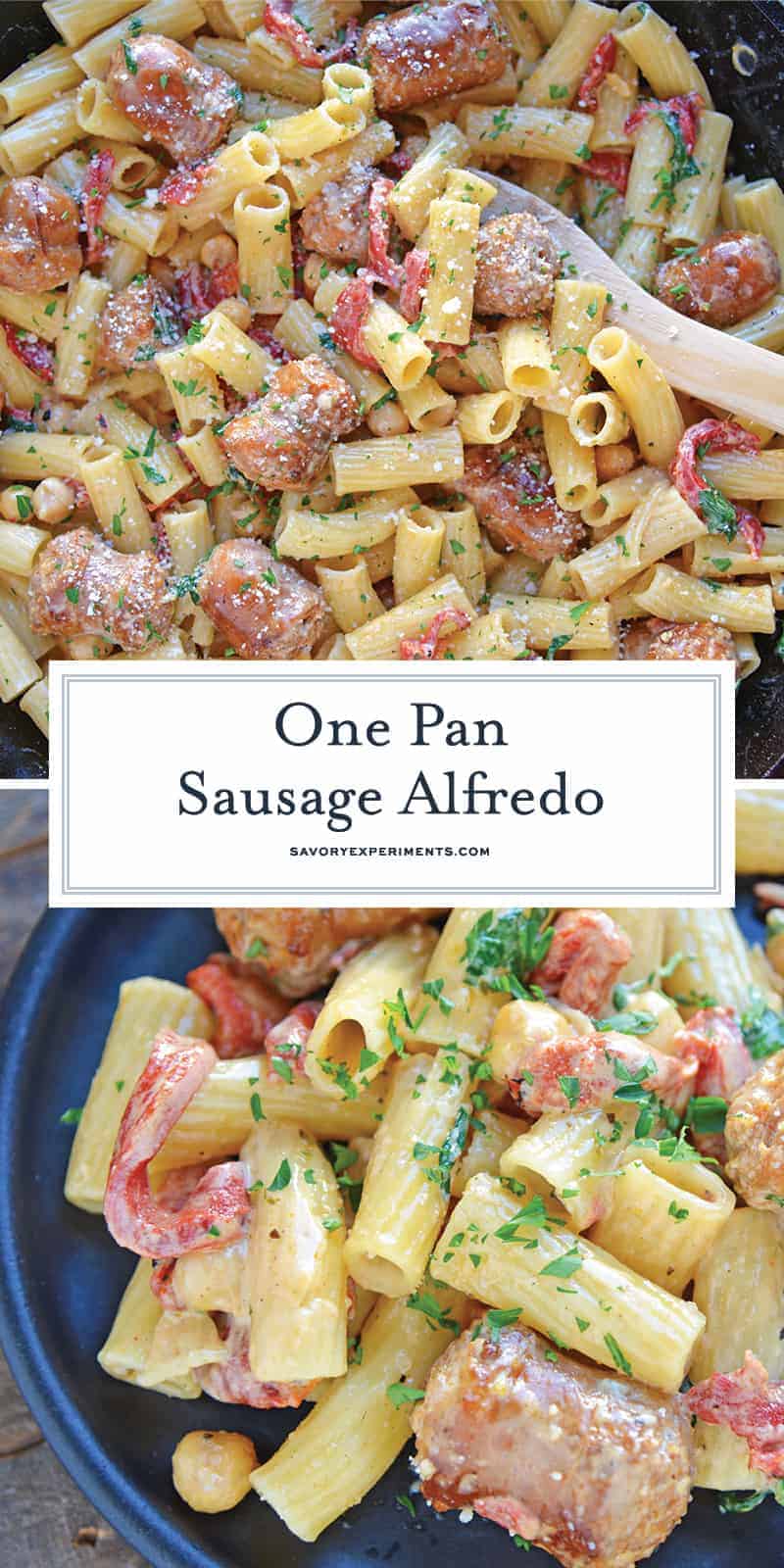 This delicious One-Pan Sausage Alfredo Pasta is an easy weeknight meal with instructions on how to make homemade alfredo sauce. So simple and good! #alfredosauce #alfredopasta www.savoryexperiments.com 