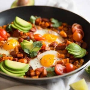 Sweet potato breakfast skillet with eggs avocado - skillet meals