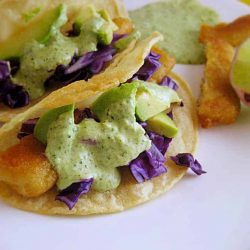 angled shot of baja fish tacos on plate