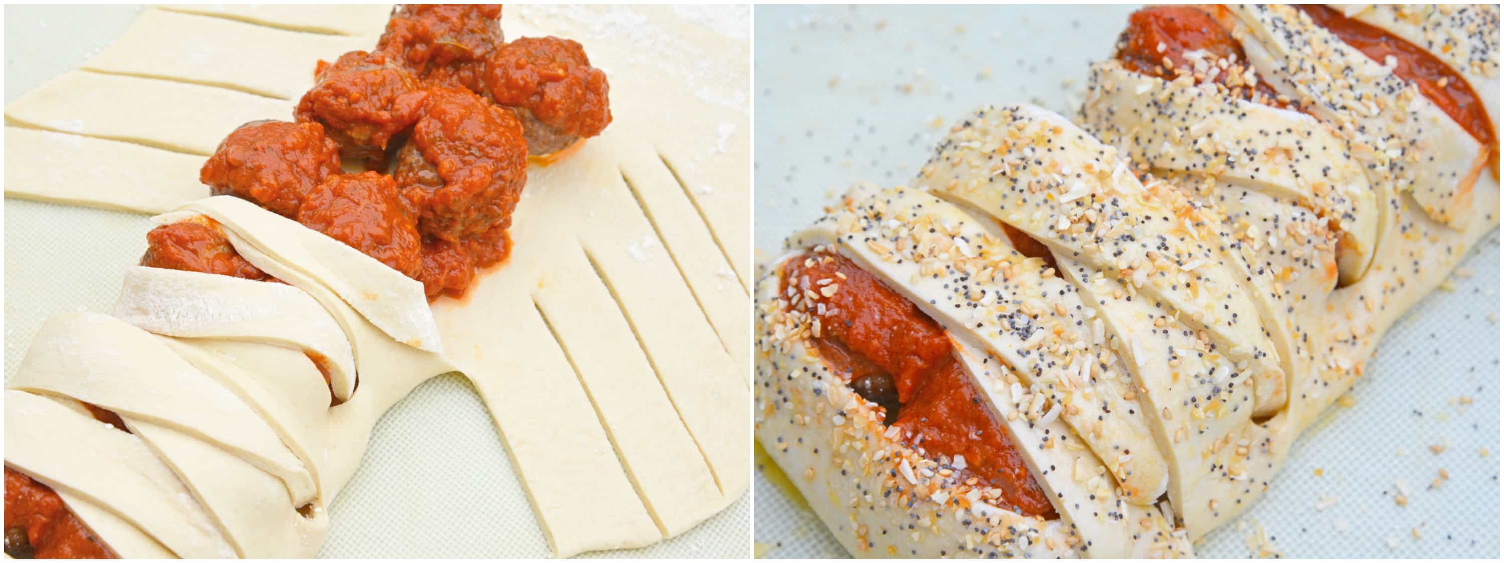 Everything Meatball Stromboli is meatballs, marinara sauce and cheese wrapped in pizza dough topped with everything bagel seasoning. An easy weeknight meal recipe! #howtomakestromboli #strombolirecipe #meatballstromboli www.savoryexperiments.com