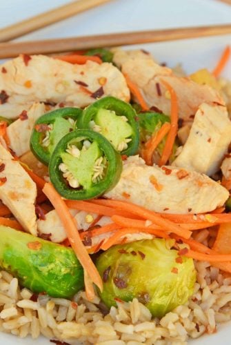 Quick Szechuan Chicken and Rice is an easy dinner recipe featuring chicken strips, brussels sprouts, carrots and pineapple over brown rice. All ready in 15 minutes! #quickchickendinners #szechuanchicken www.savoryexperiments.com