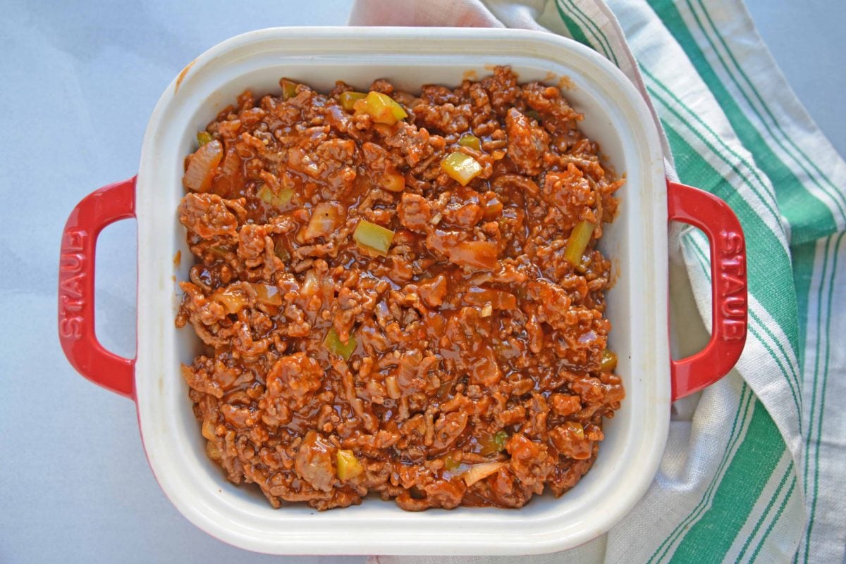 sloppy joe mixture layered in bakig dish