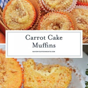 Carrot Cake Muffins are muffins loaded with carrots and stuffed with cream cheese frosting. Perfect for breakfast, brunch or a snack. Also freezer-friendly!  #carrotcakemuffins www.savoryexperiments.com