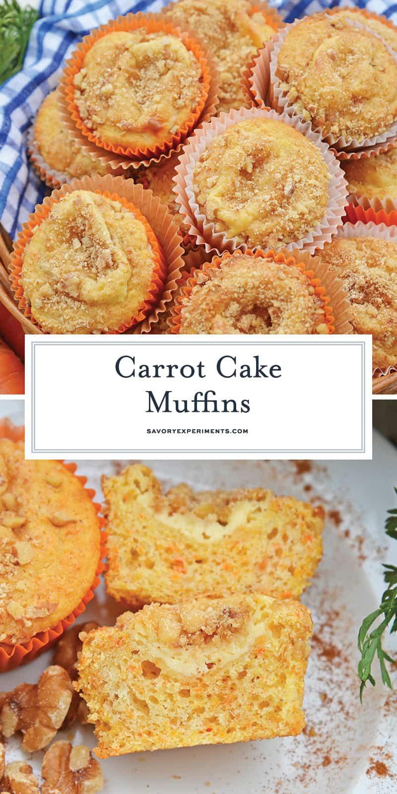Carrot Cake Muffins are muffins loaded with carrots and stuffed with cream cheese frosting. Perfect for breakfast, brunch or a snack. Also freezer-friendly!  #carrotcakemuffins www.savoryexperiments.com 