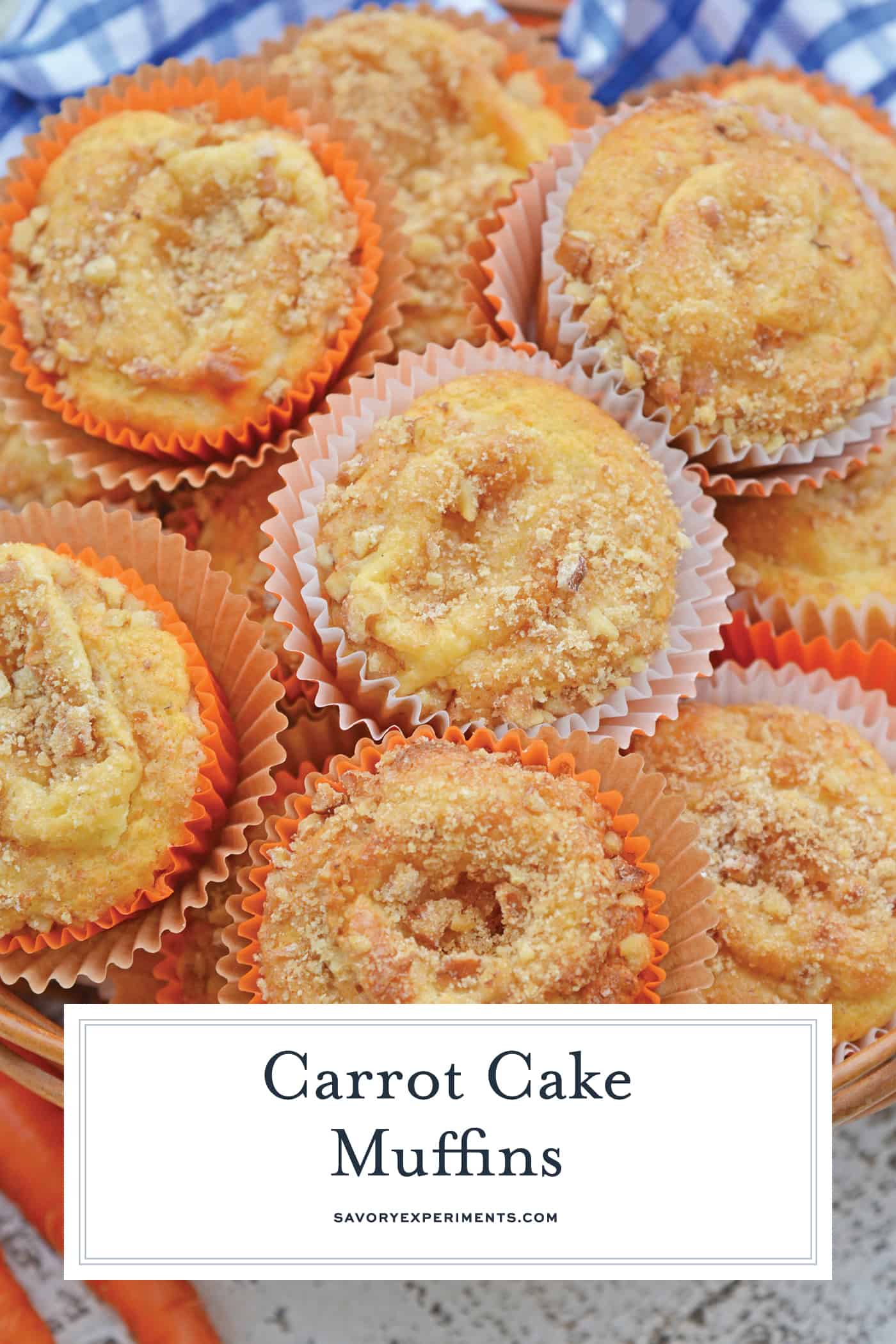Carrot Cake Muffins are muffins loaded with carrots and stuffed with cream cheese frosting. Perfect for breakfast, brunch or a snack. Also freezer-friendly! #carrotcakemuffins www.savoryexperiments.com