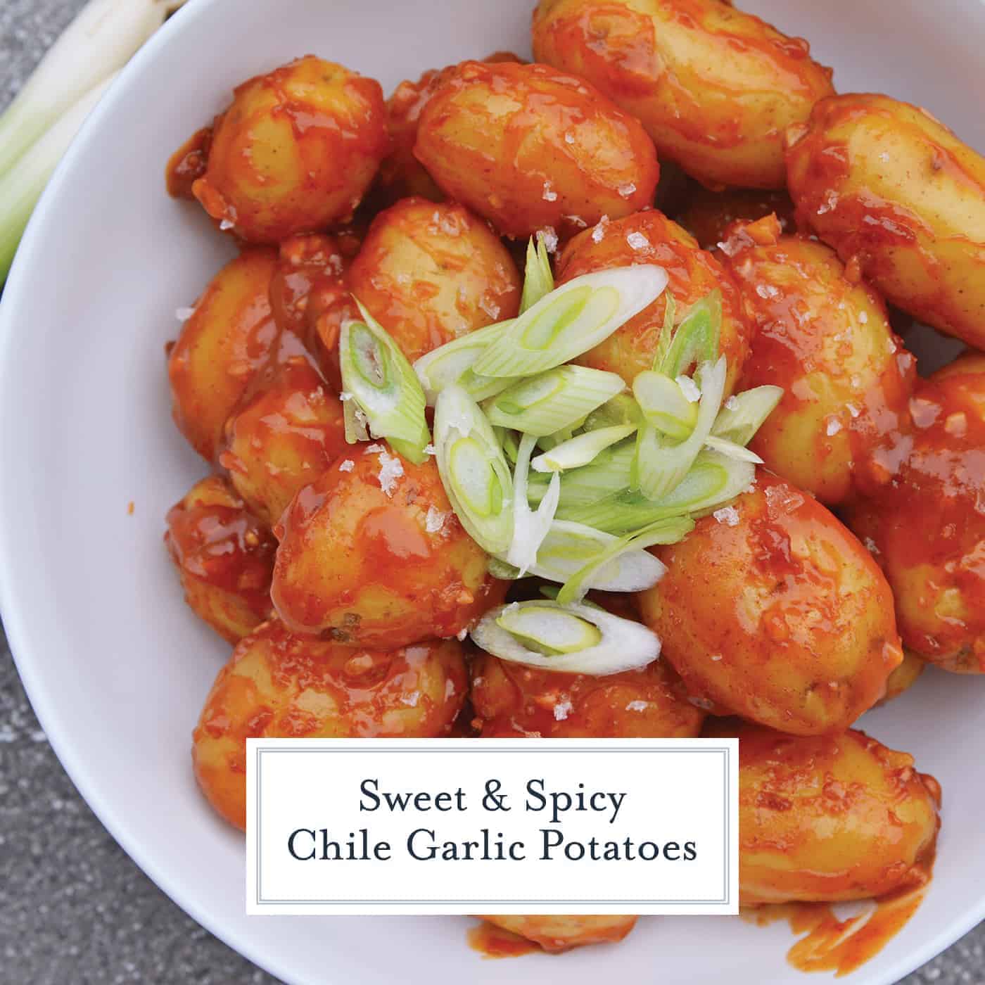 Chile Garlic Potatoes are an easy potato side dish using baby potatoes in a sweet and spicy sauce. #potatosidedish www.savoryexperiments.com