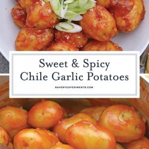 Chile Garlic Potatoes are an easy potato side dish using baby potatoes in a sweet and spicy sauce. #potatosidedish www.savoryexperiments.com