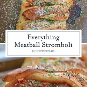 Everything Meatball Stromboli is meatballs, marinara sauce and cheese wrapped in pizza dough topped with everything bagel seasoning. An easy weeknight meal recipe! #howtomakestromboli #strombolirecipe #meatballstromboli www.savoryexperiments.com
