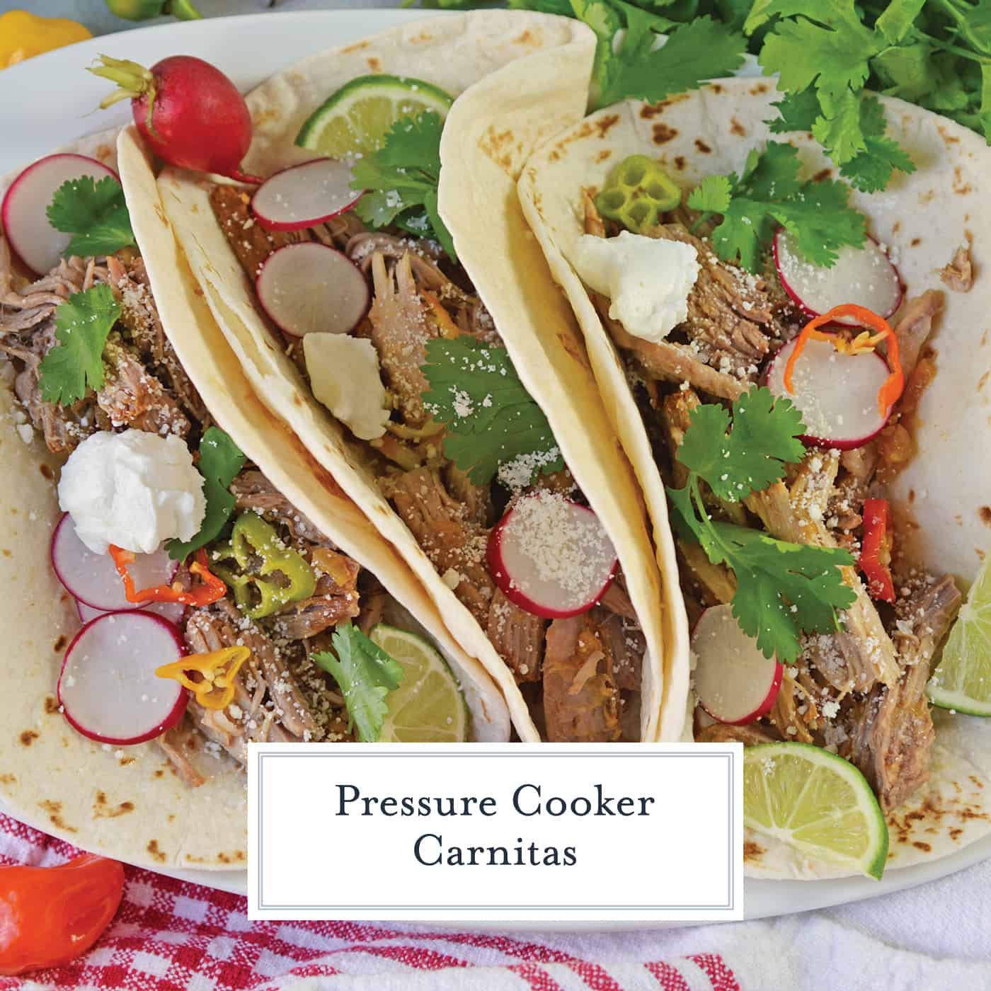 Pressure Cooker Carnitas are an easy pressure cooker recipe for shredded pork with Mexican flavors. Perfect for making the perfect soft taco! #pressurecookercarnitas #instantpotcarnitas #easycarnitas www.savoryexperiments.com