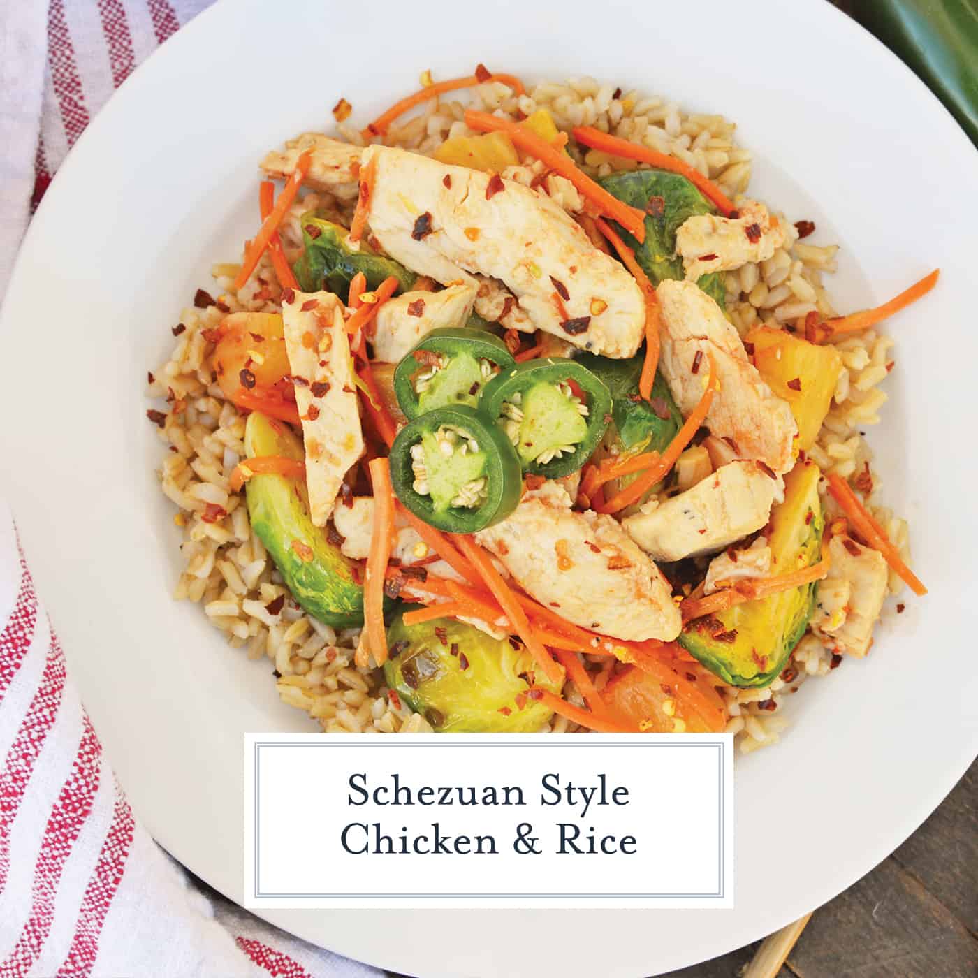Quick Szechuan Chicken and Rice is an easy dinner recipe featuring chicken strips, brussels sprouts, carrots and pineapple over brown rice. All ready in 15 minutes! #quickchickendinners #szechuanchicken www.savoryexperiments.com 