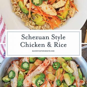 Quick Szechuan Chicken and Rice is an easy dinner recipe featuring chicken strips, brussels sprouts, carrots and pineapple over brown rice. All ready in 15 minutes! #quickchickendinners #szechuanchicken www.savoryexperiments.com