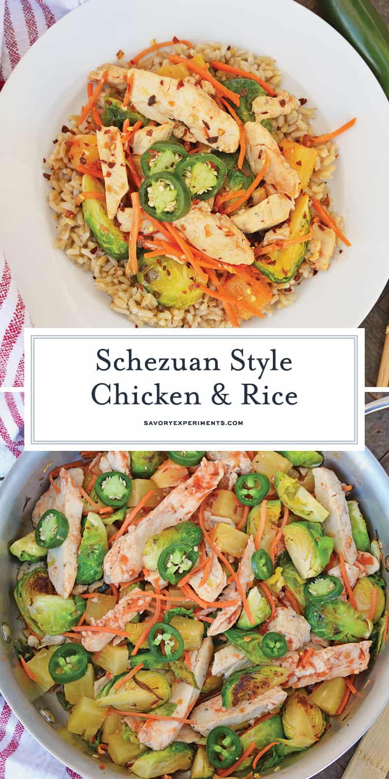 Quick Szechuan Chicken and Rice is an easy dinner recipe featuring chicken strips, brussels sprouts, carrots and pineapple over brown rice. All ready in 15 minutes! #quickchickendinners #szechuanchicken www.savoryexperiments.com 