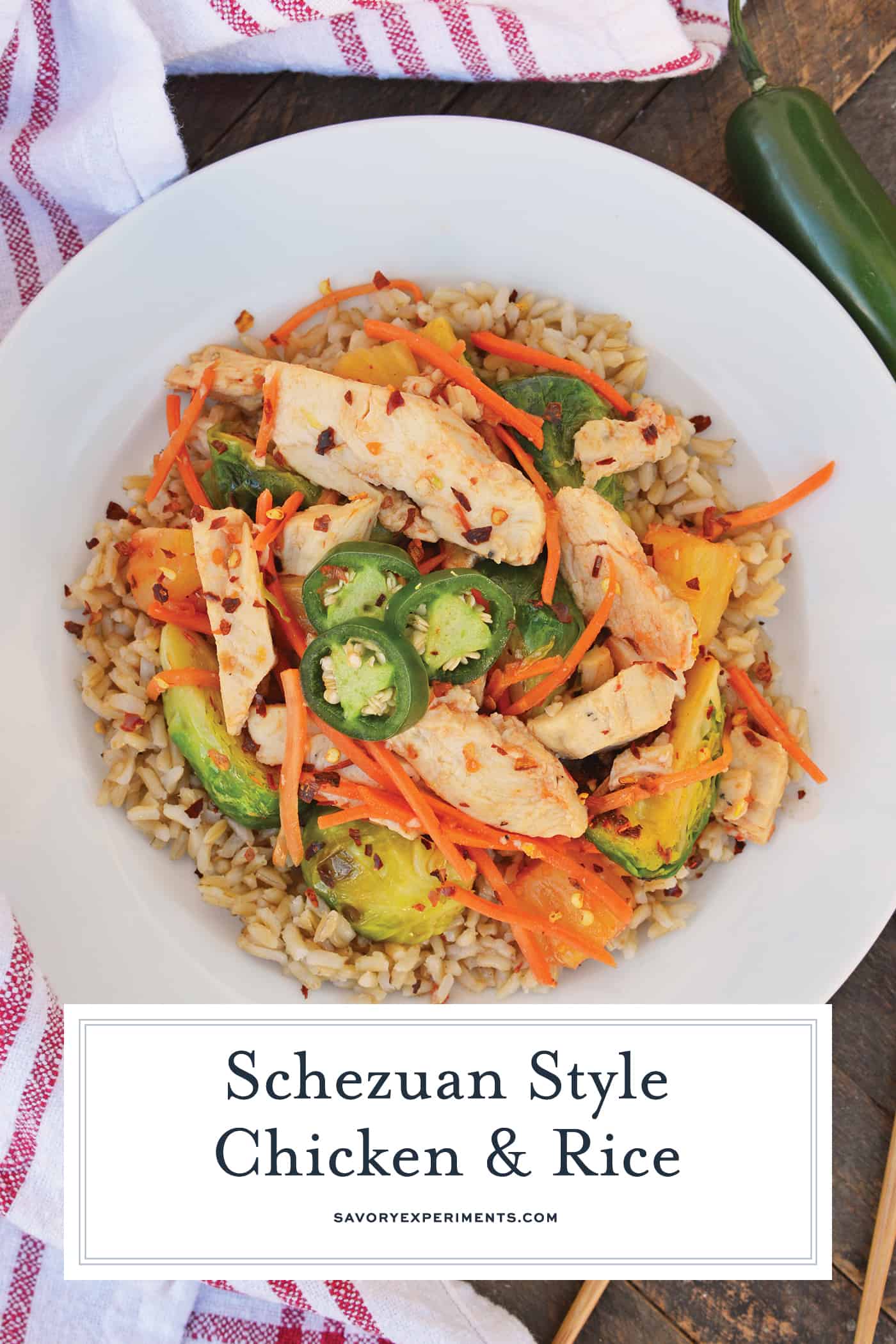 Quick Szechuan Chicken and Rice is an easy dinner recipe featuring chicken strips, brussels sprouts, carrots and pineapple over brown rice. All ready in 15 minutes! #quickchickendinners #szechuanchicken www.savoryexperiments.com