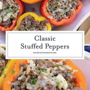 Classic Stuffed Peppers are bell peppers stuffed with ground beef, rice, cheese and spices. A timeless meal ready in 30 minutes and easily made ahead. #stuffedpeppers #stuffedbellpeppers www.savoryexperiments.com