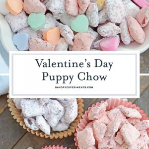 Valentine's Day Puppy Chow transforms a traditional muddy buddy recipe into a festive Cupid Crunch mix! The perfect no-bake dessert for any Valentine's Day party. #puppychow #valentinesdaydesserts #muddybuddy #nobakedesserts www.savoryexperiments.com