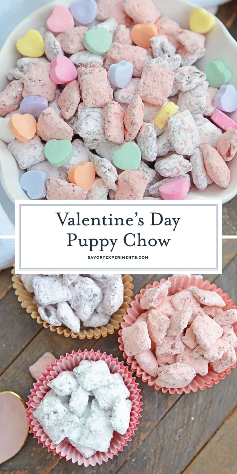 Valentine's Day Puppy Chow transforms a traditional muddy buddy recipe into a festive Cupid Crunch mix! The perfect no-bake dessert for any Valentine's Day party. #puppychow #valentinesdaydesserts #muddybuddy #nobakedesserts www.savoryexperiments.com