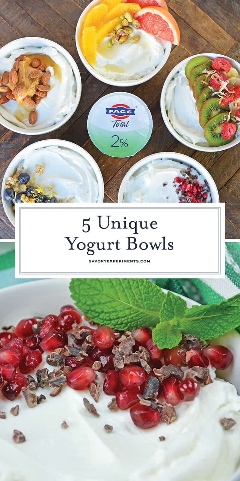 Discover 5 unique yogurt bowls using fresh fruit, natural sweeteners and nuts to help keep you on track for a healthy lifestyle while still feeling satisfied. #yogurtbowls www.savoryexperiments.com