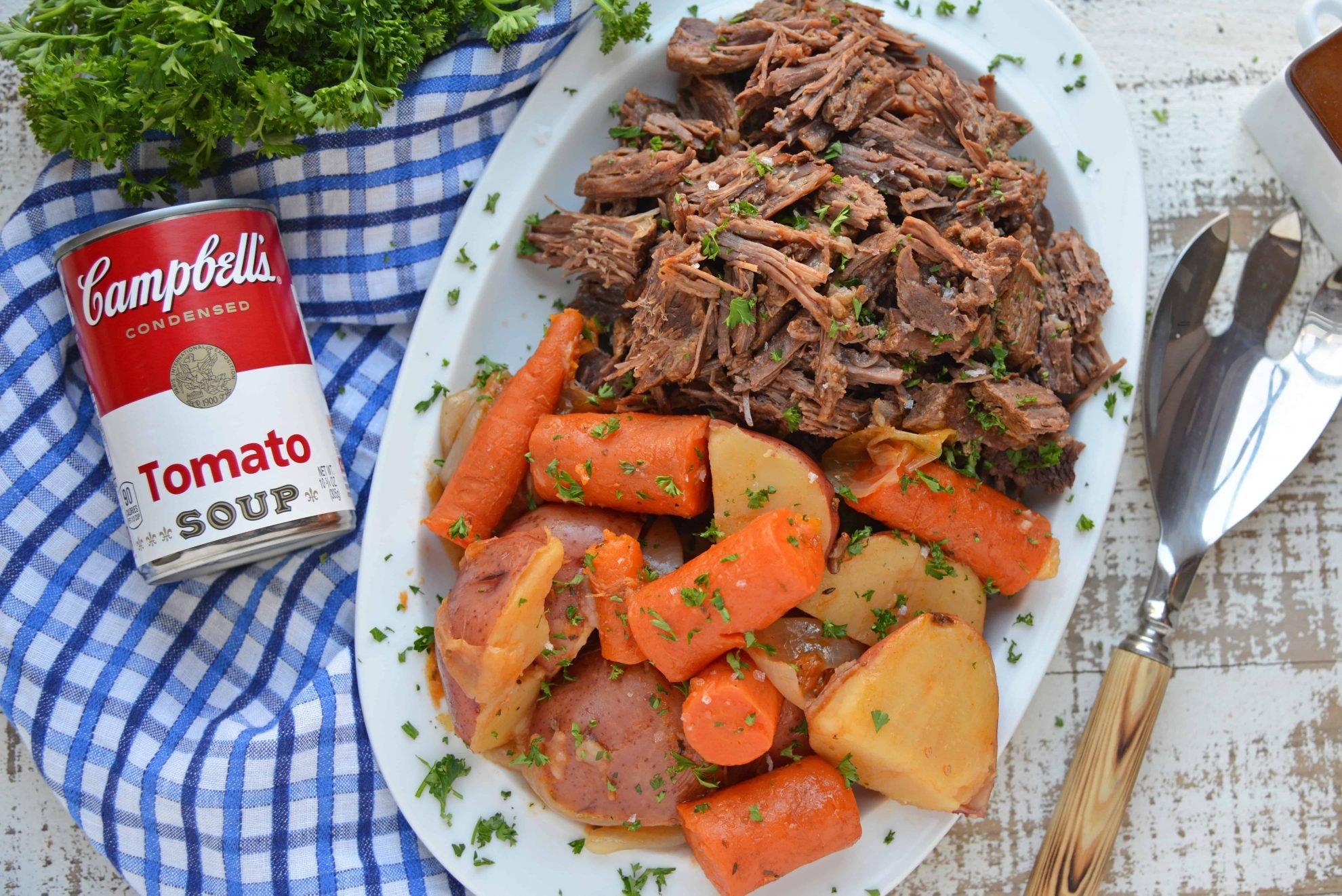 Overhead of platter with pot roast and vegetables