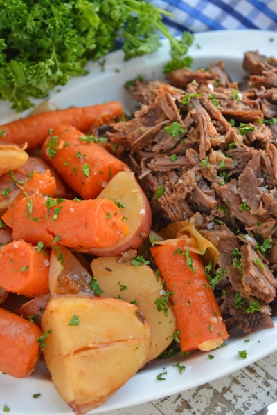 White Platter with Pot Roast, Carrots and Potatoes
