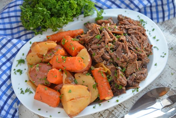White Platter with Pot Roast, Carrots and Potatoes