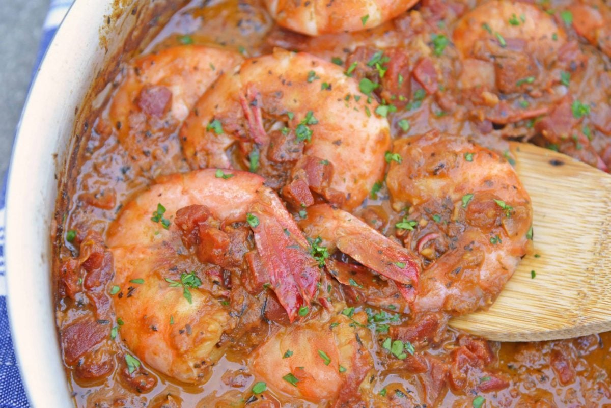 Voodoo Shrimp Creole is a tomato-based dish using shrimp and beer to make a sweet and spicy broth. Serve over rice or grits for a full meal. #voodooshrimp #shrimpcreole www.savoryexperiments.com