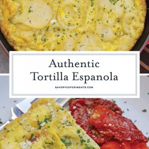 Tortilla Espanola, also known as Spanish Tortilla or Potato Tortilla, is a Spanish egg dish made with fried potatoes, onions and cheese. #tortillaespanola #spanishtortilla #potatotortilla www.savoryexperiments.com