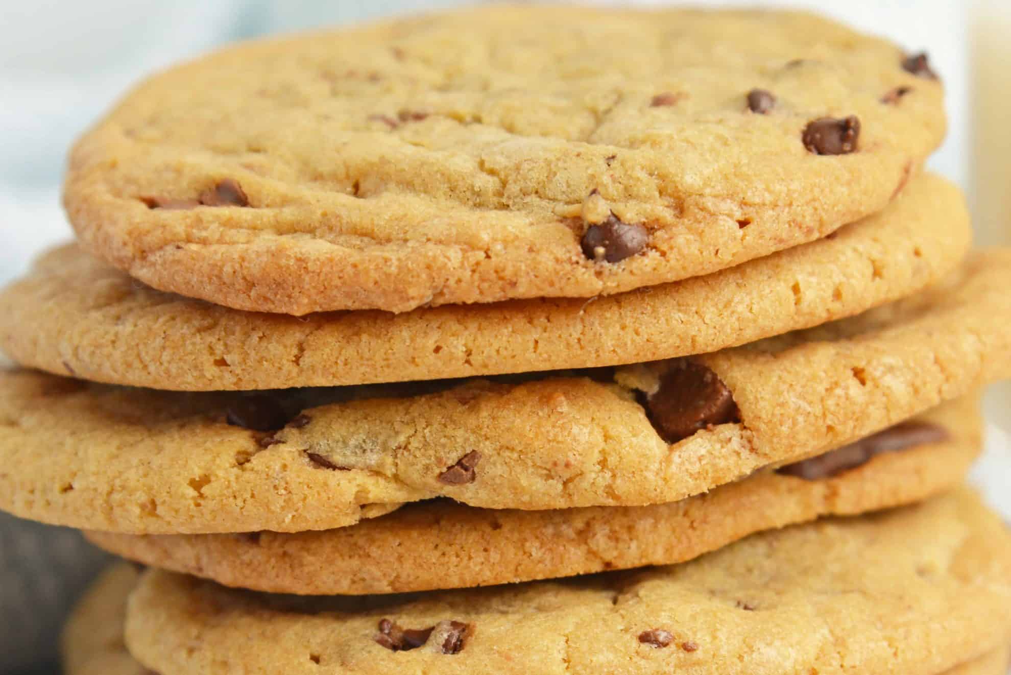 Close up stack of chocolate chip cookies 