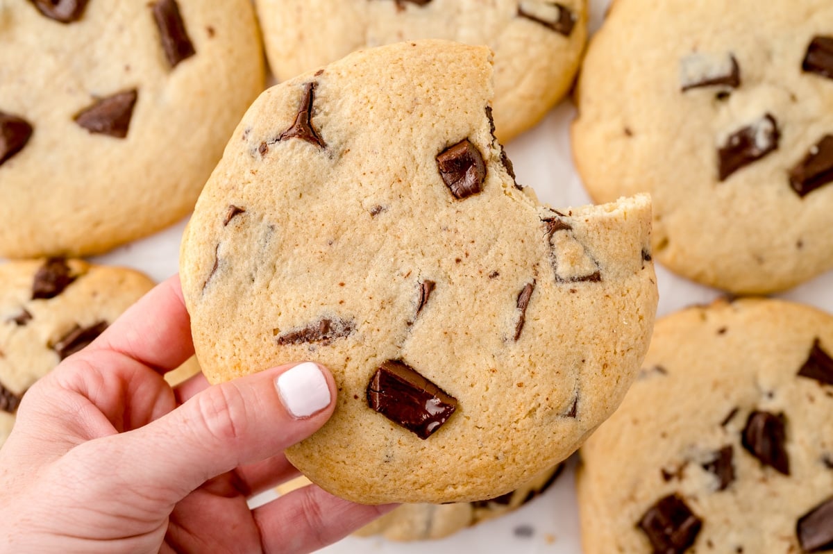 hand holding a giant chocolate chip cookie