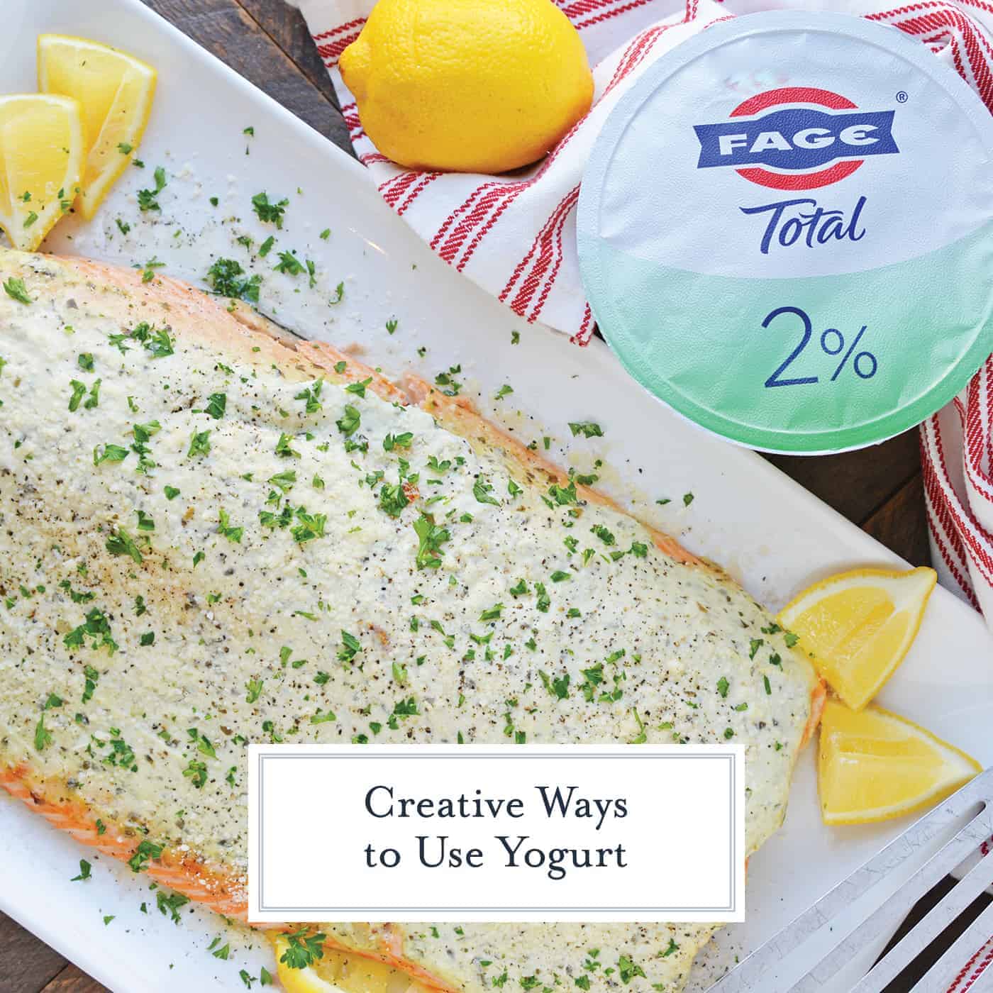 Overhead of FAGE yogurt with pesto yogurt salmon