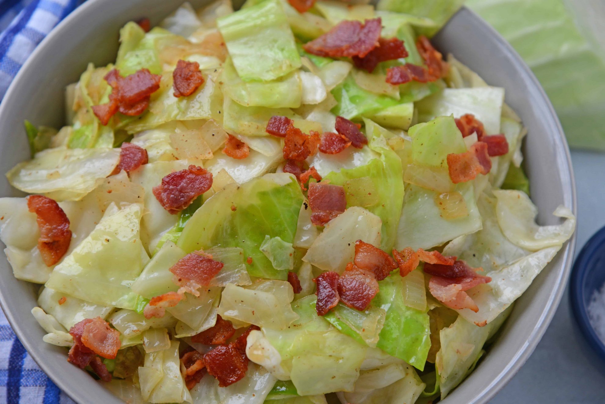 Angle of Bacon Fried Cabbage in a serving bowl