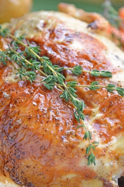 close up of roast chicken with thyme