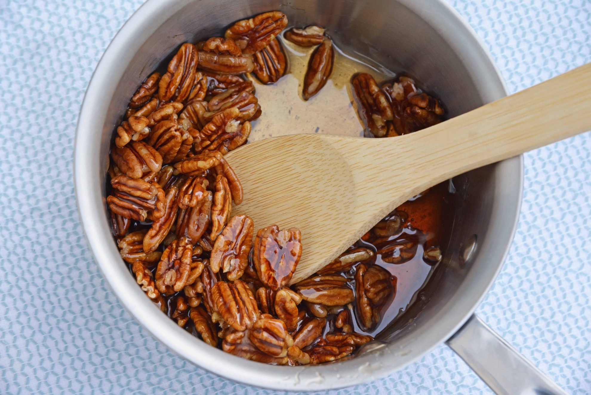 Overhead shot of pecan caramel sauce