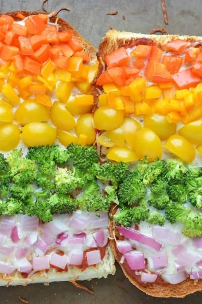 Rainbow French Bread Pizza on a Baking Sheet
