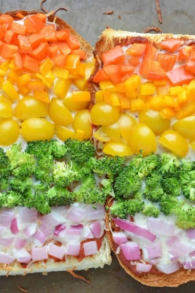 Rainbow French Bread Pizza on a Baking Sheet