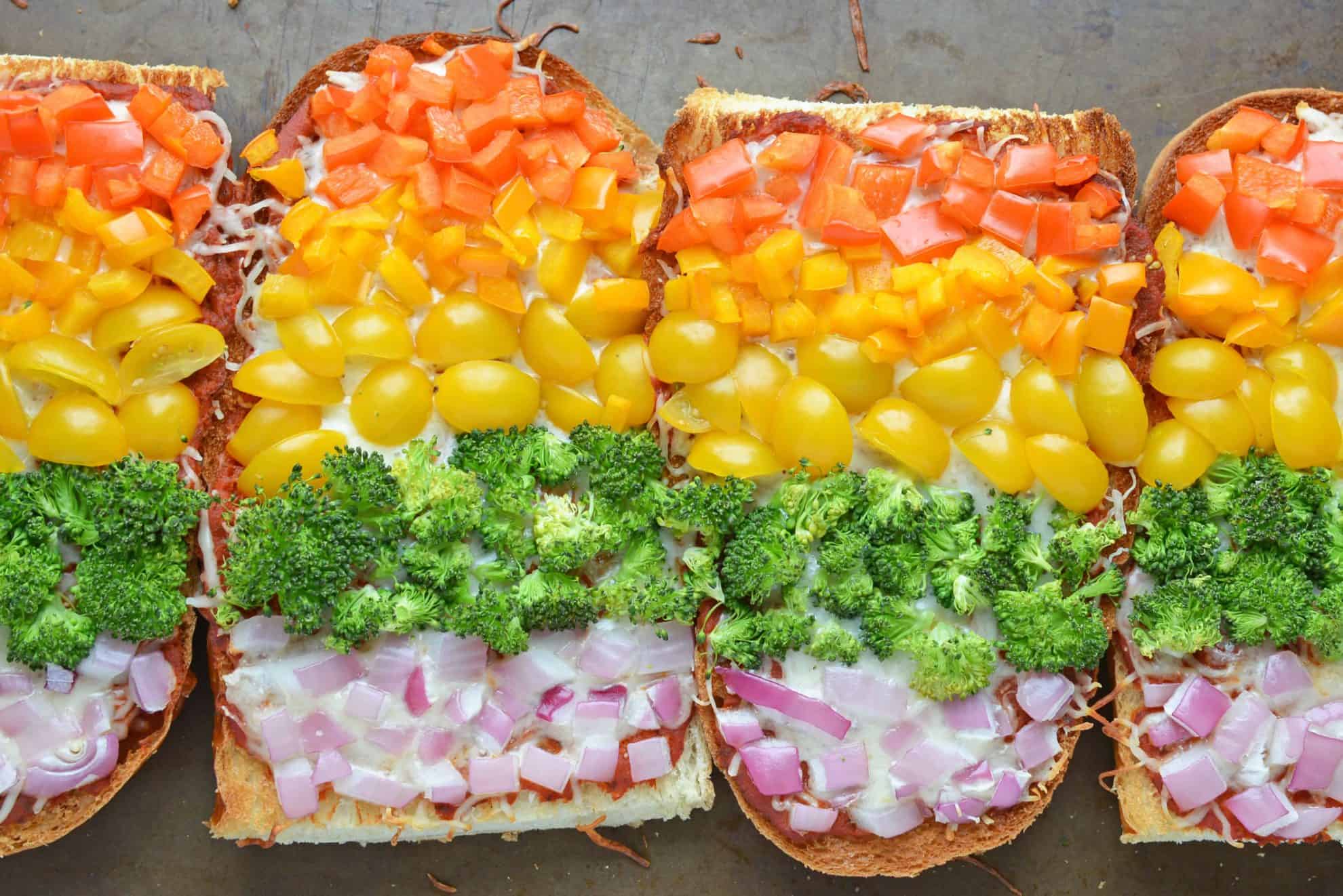 Rainbow French Bread Pizza on a Baking Sheet