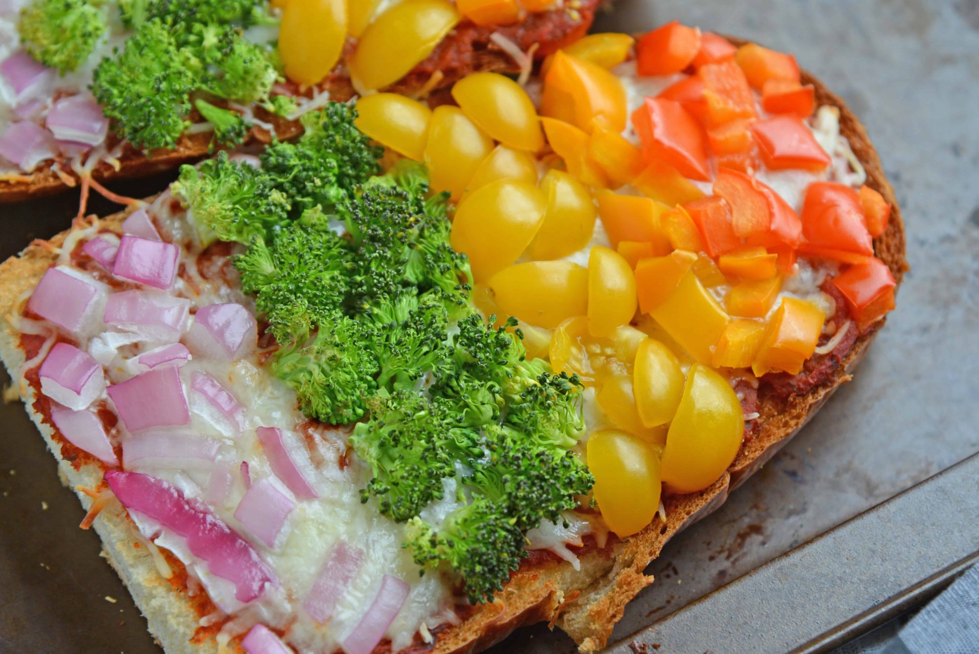 Close up of vegetarian French bread pizza