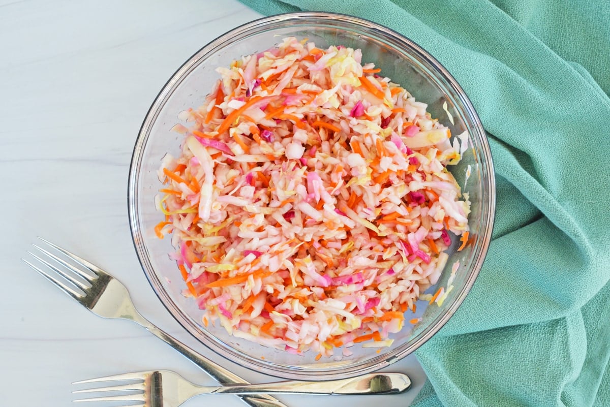 overhead wide angle of homemade coleslaw