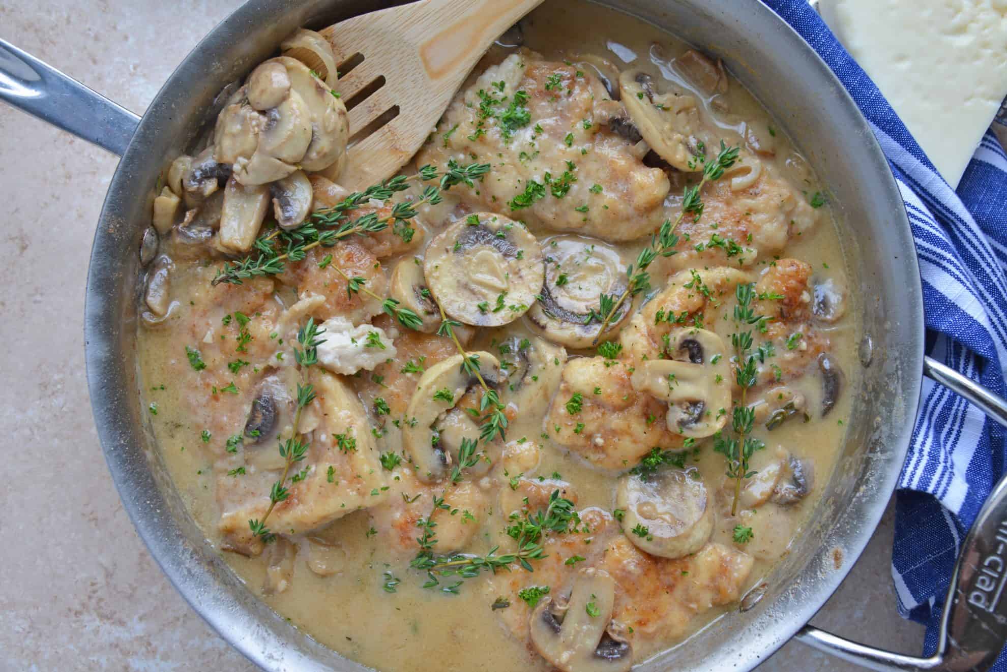 Overhead of creamy mushroom chicken