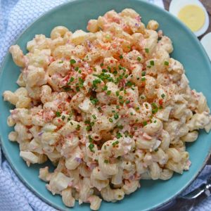 Overhead view of deviled egg macaroni