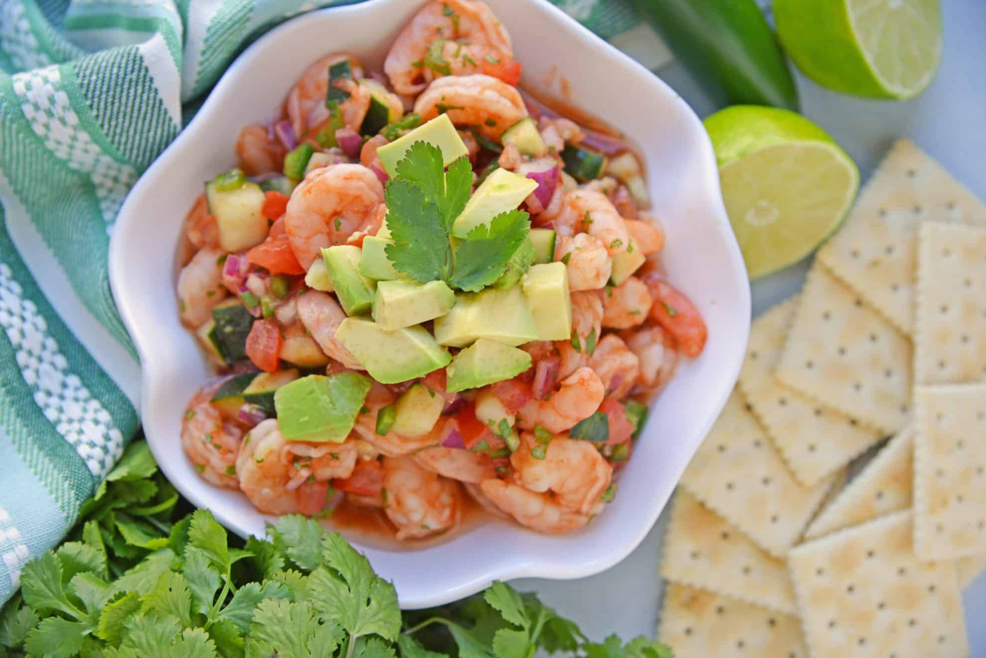 Overhead of Mexican Shrimp Cocktail in a white bowl 