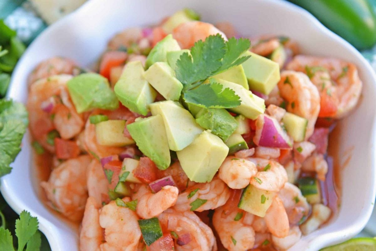 Angled close up of Mexican Shrimp Cocktail