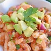 Angled close up of Mexican Shrimp Cocktail