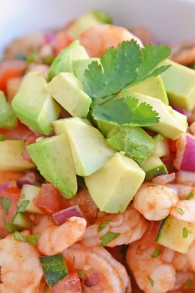 Angled close up of Mexican Shrimp Cocktail